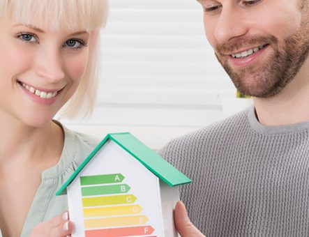 A couple holding an energy efficient house