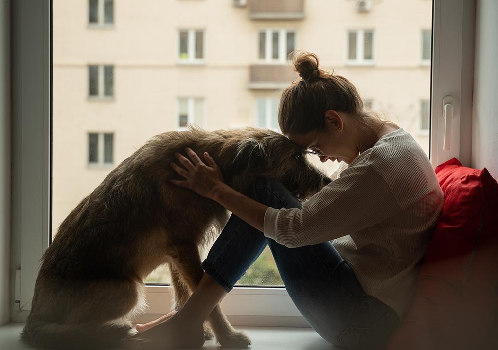 A sad woman cuddles her dog on a windowsill in a flat.
