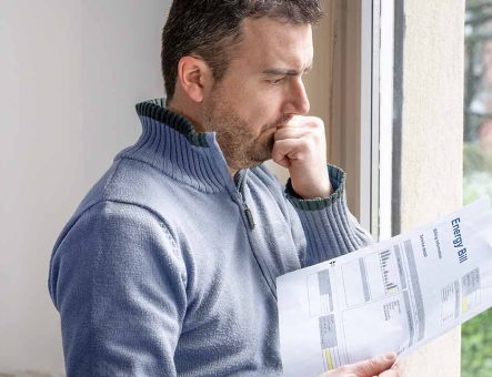 A man holding an energy bill, looking worried.